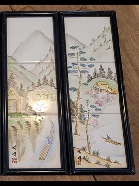 Japanese Framed Hand-Painted Landscape Tile Panels - Set Of Four